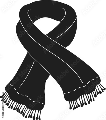 A stylish black scarf with a textured design. The scarf is artfully draped, showing its folds and fringe, showcasing its warmth and comfort
