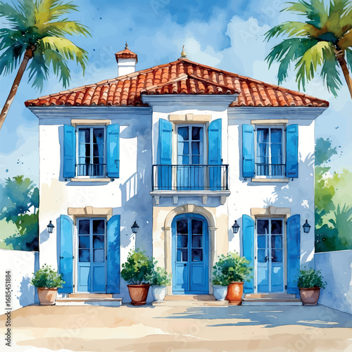 Watercolor vector Mediterranean villa with blue shutters and terracotta roof, isolated