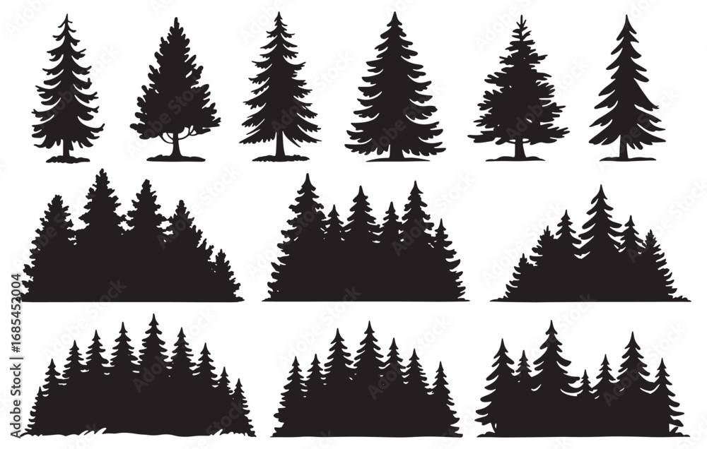 Fototapeta premium Collection of diverse evergreen pine tree silhouettes for natural landscape design elements white background