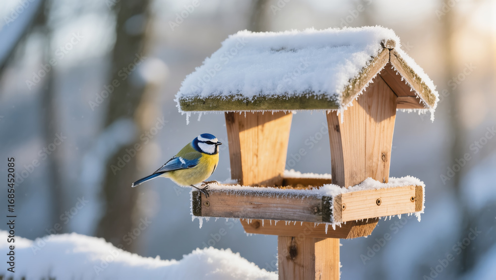 Naklejka premium Christmas winter scene with blue tit bird on wooden feeder covered in snow, peaceful forest background, wildlife in cold season