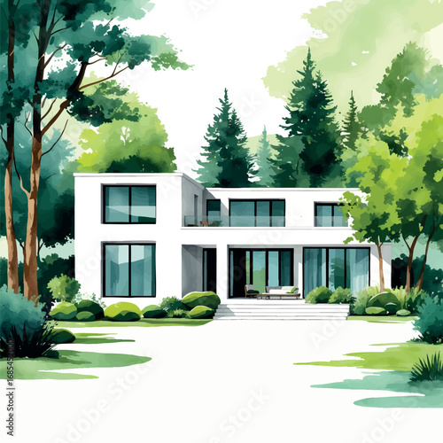 Watercolor vector of modern family home with greenery and clean design, isolated on white