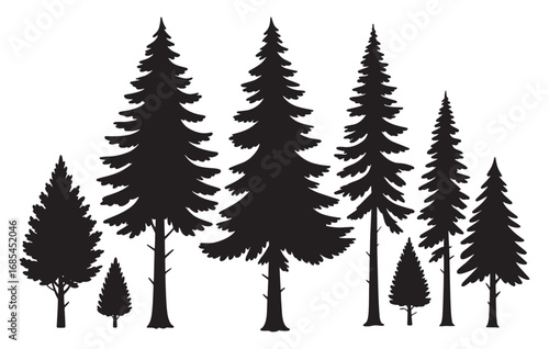 Silhouettes of diverse pine trees in a forest scene for natural landscape design elements white background