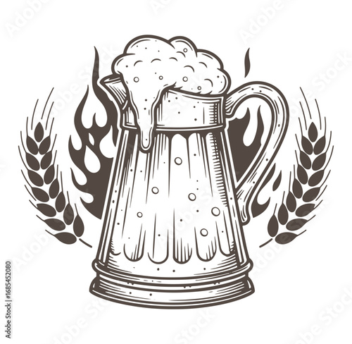 Vintage beer mug illustration with wheat ears and frothy beer for pub and brewery designs