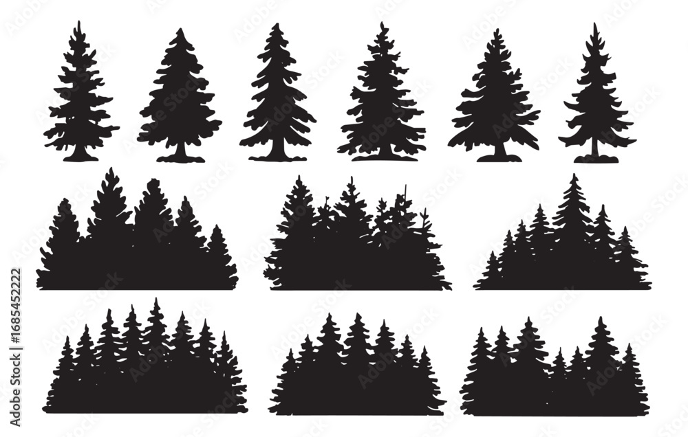 Obraz premium Collection of silhouetted evergreen trees and forest scenes for outdoor and nature designs white background