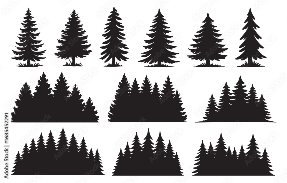 Obraz premium Collection of stylized evergreen pine tree silhouettes for landscape design and nature graphics white background