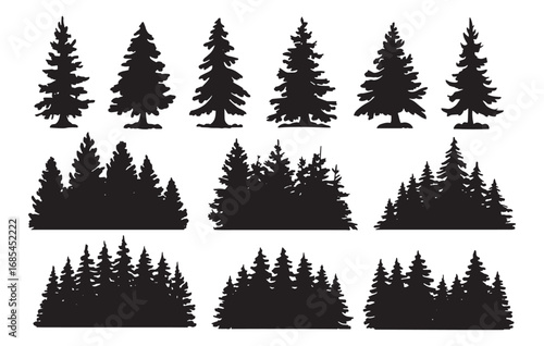 Collection of silhouetted evergreen trees and forest scenes for outdoor and nature designs white background