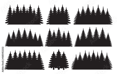 Collection of silhouetted evergreen forest scenes pine tree clusters nature landscape design elements white background