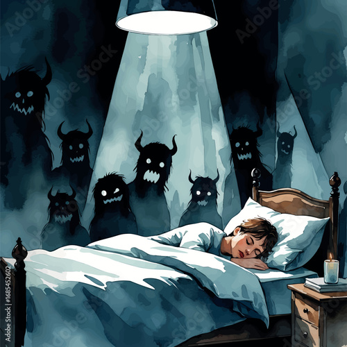 Watercolor vector of nightmare with dark shadows above sleeping person, surreal dream fear scene
