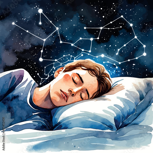 Watercolor vector dreaming person with constellation flow from head, dream state concept