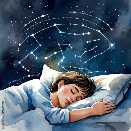 Watercolor vector dreaming person with constellation flow from head, dream state concept