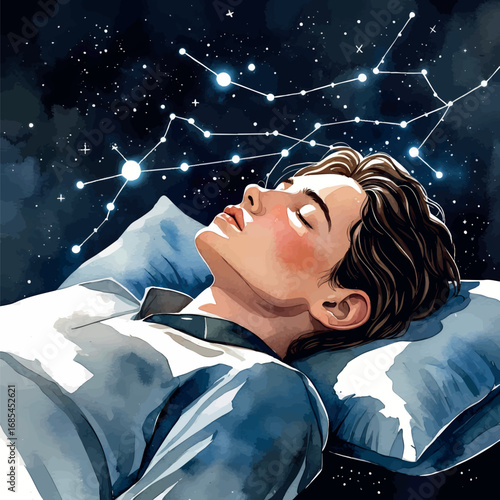 Watercolor vector dreaming person with constellation flow from head, dream state concept