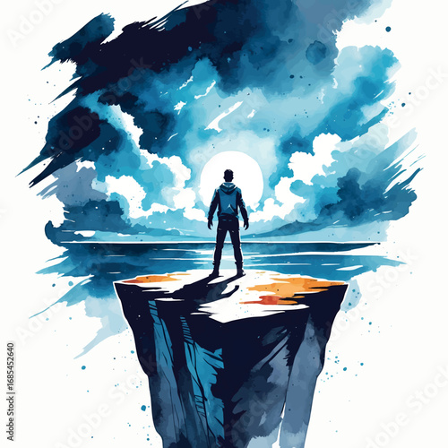 Watercolor vector brave figure facing storm on cliff, symbol of courage and resilience