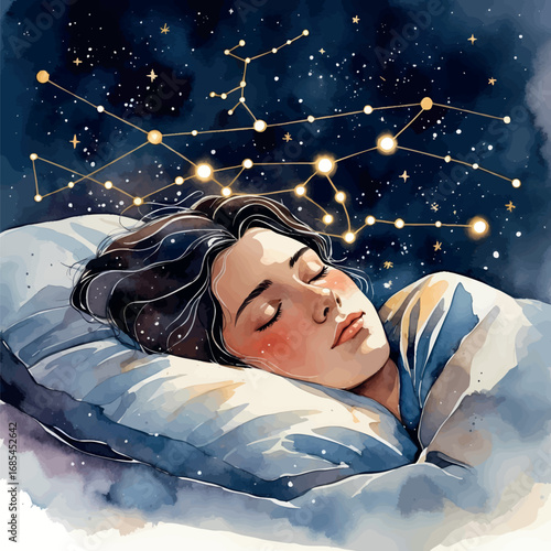 Watercolor vector dreaming person with constellation flow from head, dream state concept