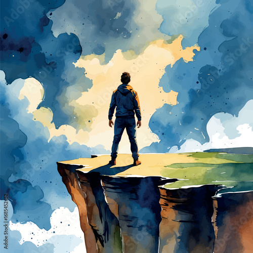 Watercolor vector brave figure facing storm on cliff, symbol of courage and resilience