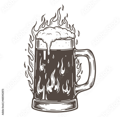 Vintage illustration of a beer stein with flames surrounding the overflowing ale.