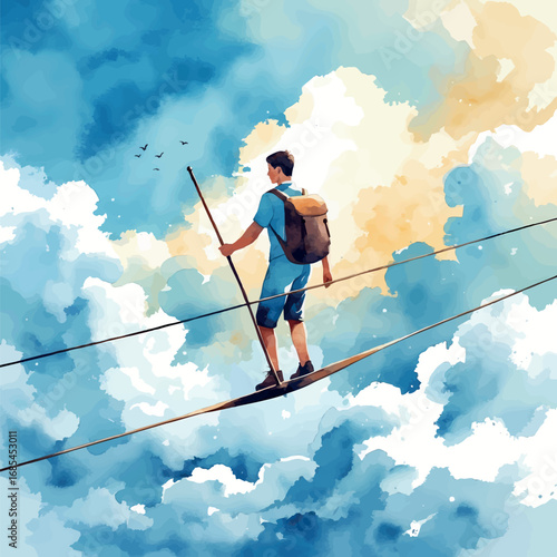 Watercolor vector of person balancing on tightrope above clouds, metaphor for life balance, isolated