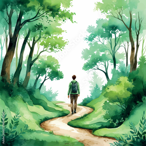 Watercolor vector person walking forest path as healing journey symbol