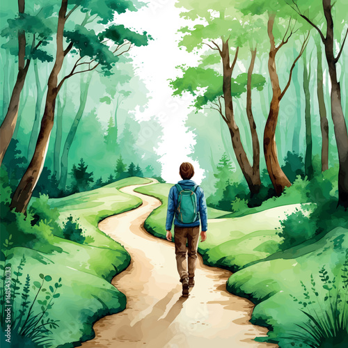 Watercolor vector person walking forest path as healing journey symbol