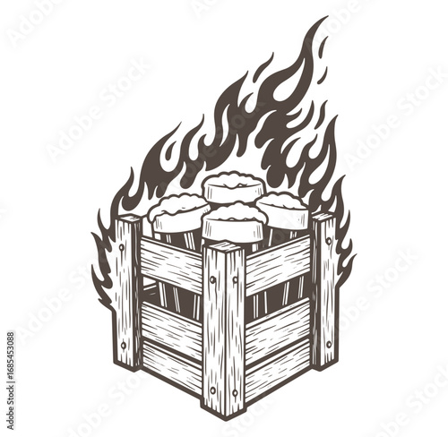 Vintage illustration of burning wood crate with kindling and flames for creative concepts