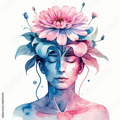 Watercolor vector of surreal human with flower head, abstract concept in pastel tones, isolated