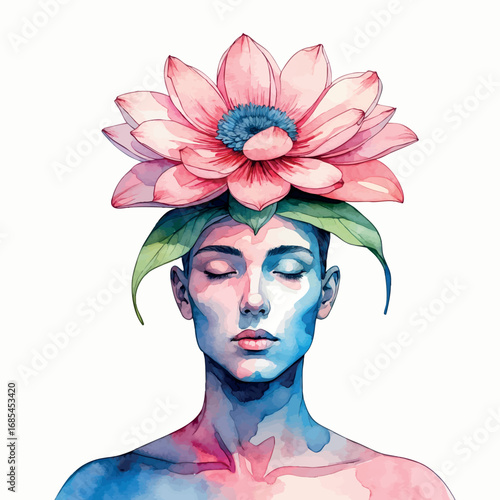 Watercolor vector of surreal human with flower head, abstract concept in pastel tones, isolated