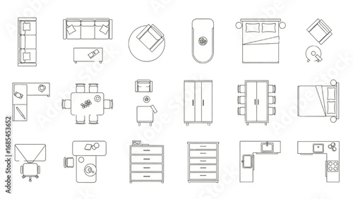 Furniture Outline Top View Icons Set | Thin Line Floor Plan Symbols for Interior and Architectural Design