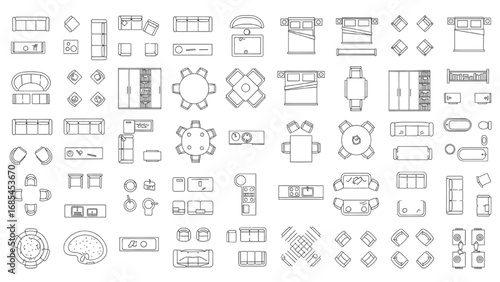 Furniture Outline Top View Icons Set | Thin Line Floor Plan Symbols for Interior and Architectural Design