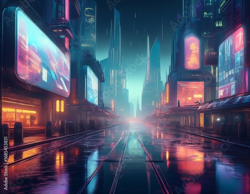 futuristic city with digital billboards on wet streets
