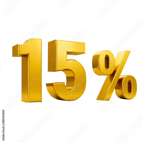 Golden 15 percent discount symbol isolated on transparent background