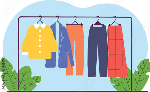 Clothes hanging on rack illustration, flat design wardrobe vector, fashion outfit display clipart, apparel storage with shirt and pants, trendy clothing cartoon graphic