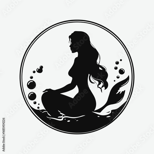 Mermaid Single Vintage Style Retro Graphic, Sitting Mermaid Silhouette Black Icon Symbol Vector Design