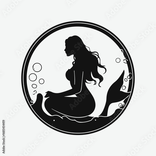 Mermaid Single Vintage Style Retro Graphic, Sitting Mermaid Silhouette Black Icon Symbol Vector Design