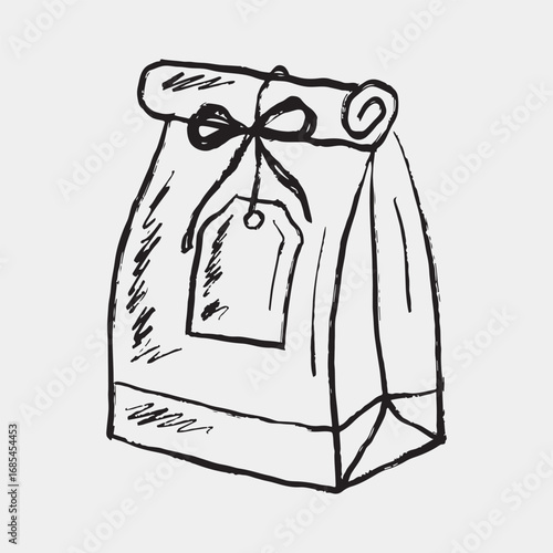 Hand-drawn sketch of a paper bag with a tag and bow, often used for gift wrapping, coffee or tea packaging, or as a small gift bag. Vector sketch illustration in vintage style, cafe design
