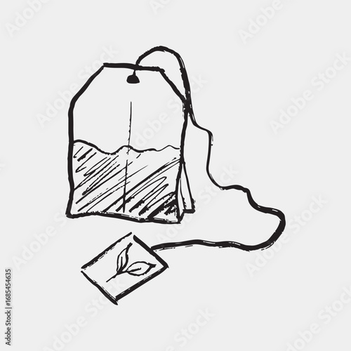 Hand drawn tea bag illustration with tag on thread. Vector sketch illustration in vintage style. Hot drink equipment. Crayon doodle drawing