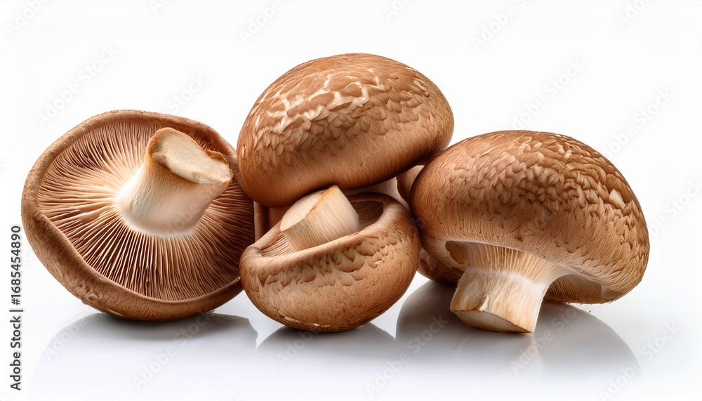 Fototapeta premium photograph of fresh whole shiitake mushrooms expertly captured with focused lighting and isolated on a white background showcasing natural textures and details