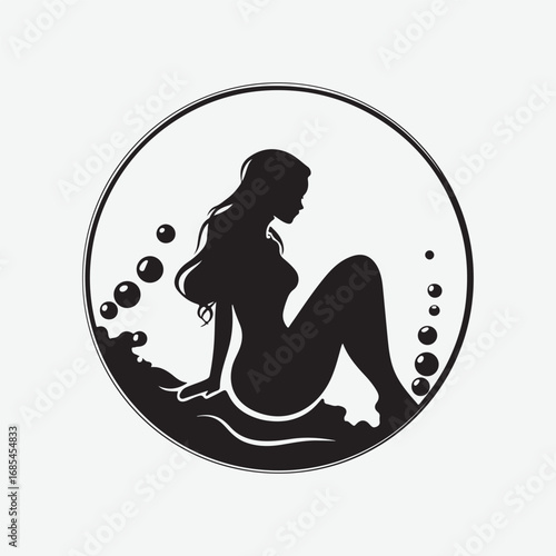 Mermaid Single Vintage Style Retro Graphic, Sitting Mermaid Silhouette Black Icon Symbol Vector Design
