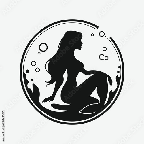 Mermaid Single Vintage Style Retro Graphic, Sitting Mermaid Silhouette Black Icon Symbol Vector Design