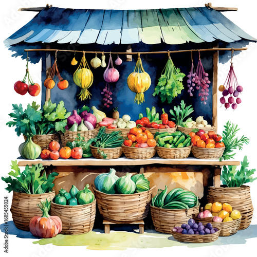 Watercolor vector village market stall with fresh produce and handmade crafts