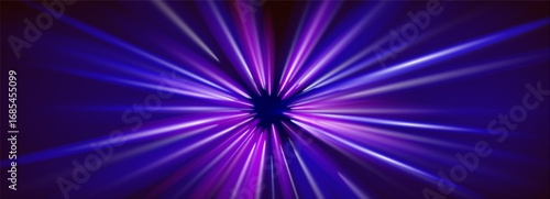 Purple hyperspace speed effect with lightspeed trails and neon warp lines. Futuristic motion glows or radial burst patterns for galaxy backgrounds. Dynamic fiber optics or long exposure streaks.