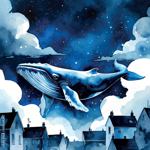 Watercolor vector of surreal whale flying above rooftops in night sky, dream concept, isolated