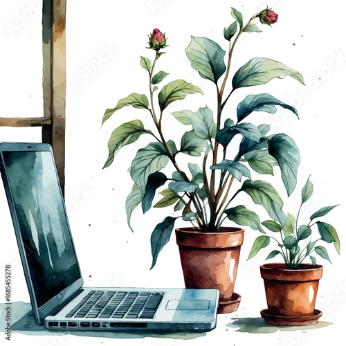 Watercolor vector of wilted plant beside laptop, metaphor of emotional burnout and neglect, isolated