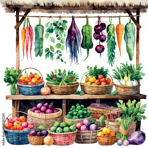 Watercolor vector village market stall with fresh produce and handmade crafts