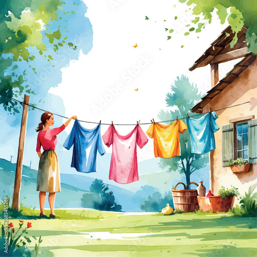 Watercolor vector rural woman hanging laundry, everyday countryside life