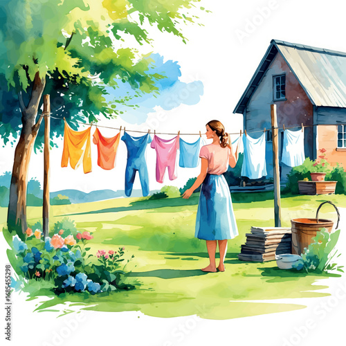 Watercolor vector rural woman hanging laundry, everyday countryside life
