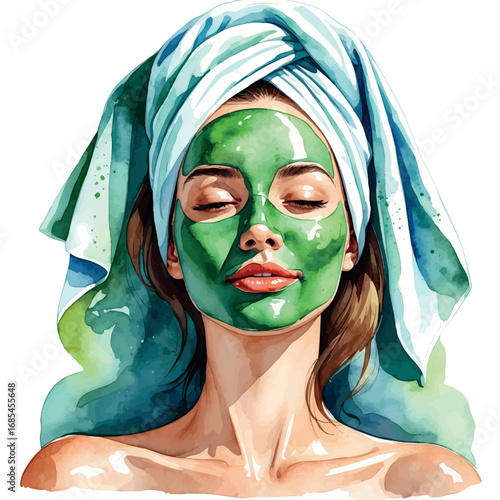 Watercolor vector woman with green face mask – beauty and skincare routine, isolated
