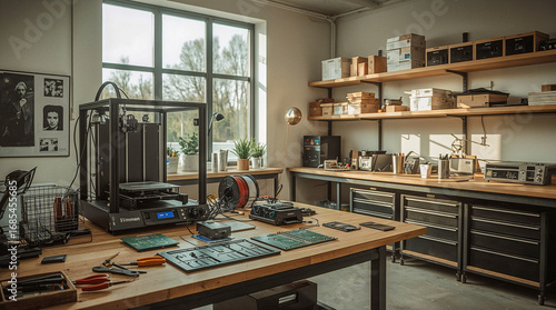 A well-lit workshop with a 3D printer, electronic components, tools, and storage shelves stocked with supplies, suggesting a space for creation and repair.