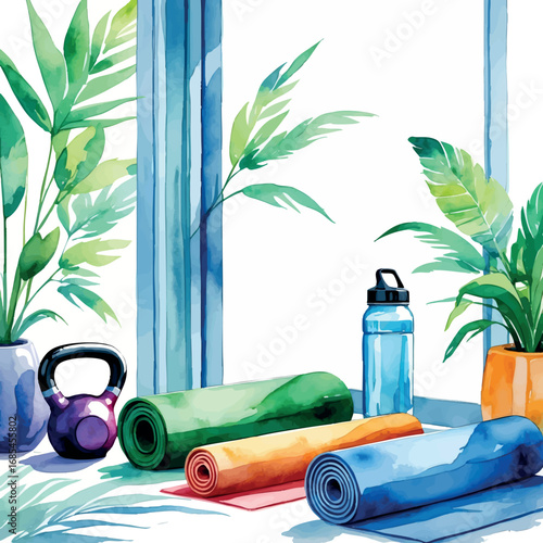 Watercolor vector of minimal home workout gear set, kettlebell, mat and bottle, isolated on white