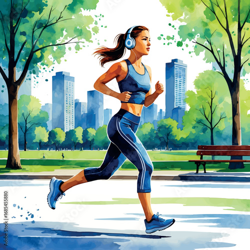 Watercolor vector of woman jogging in city park in sportswear and headphones, isolated