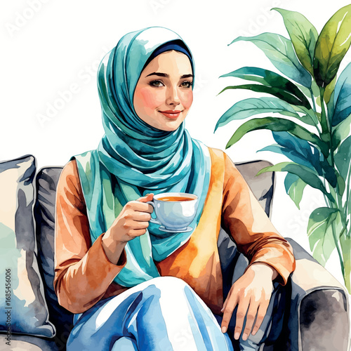Watercolor vector of young cancer patient with headscarf relaxing at home, hopeful recovery moment, isolated