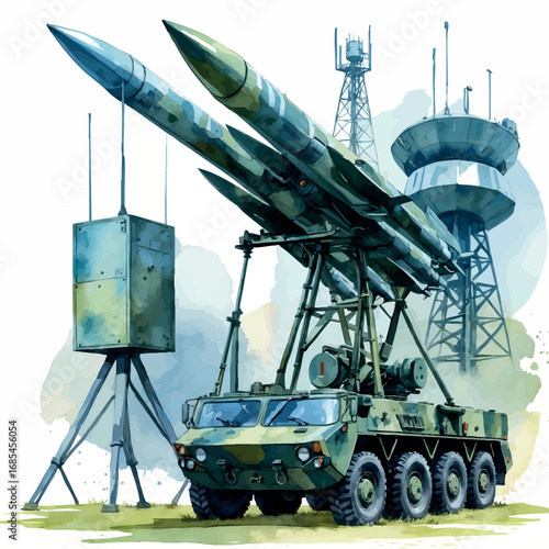 Watercolor vector anti-aircraft missile system – radar-guided defense unit, isolated